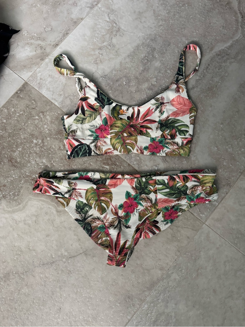 Boys + Arrows Tropical Floral Ribbed Bikini in White, Green, Pink